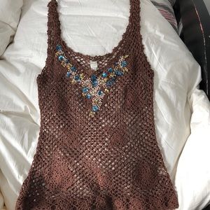 Crocheted tank with sequins. Future Paradise in chocolate brown